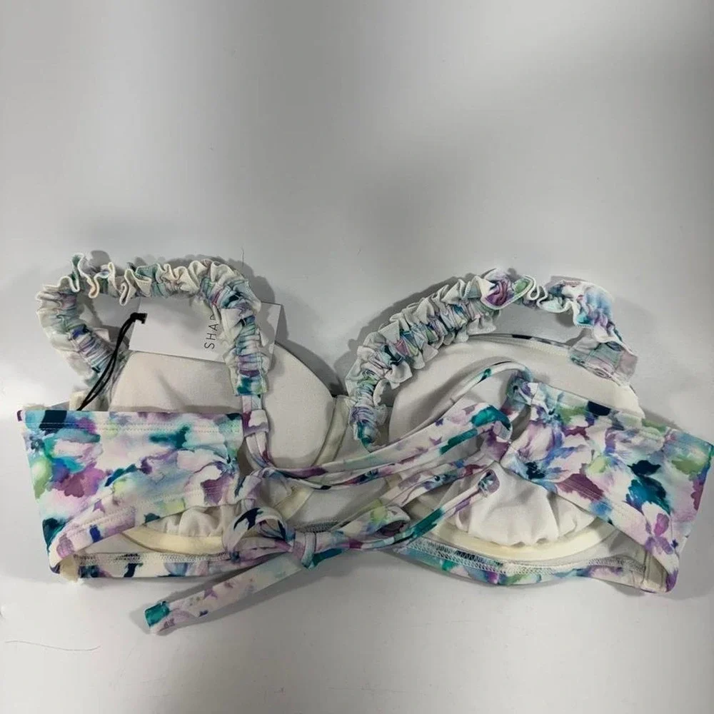 Multicolored Floral Bikini Top with Ruffles and Tie Detail
